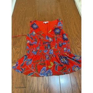 Rebecca Minkoff Red Floral V-Neck Peplum Blouse Sleeveless Pom Pom Trim Small